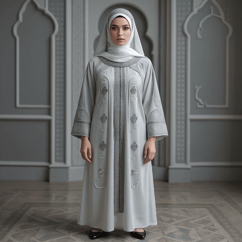 AI generated: Beautiful arab woman, full body showing, wearing abaya and scarf decorated with arabic letters and w...