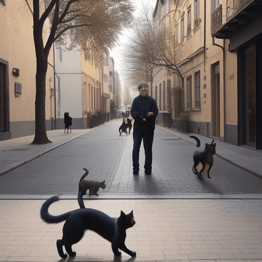 AI generated: different people doing different things, a cat, a dog, in the street, in a city center, some trees