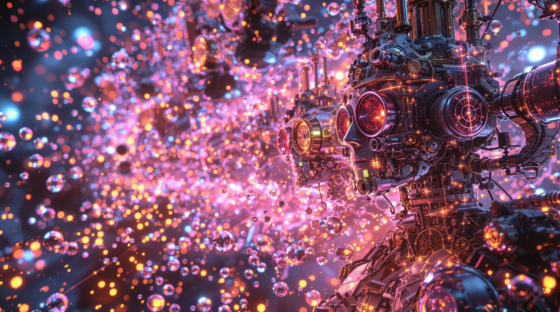 AI generated: multiple steampunks being teleported to the future, in   collums of glowing  translucent  micro mole...