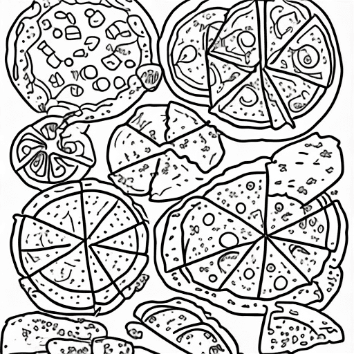 AI generated: pizza doodle page for coloring book, black and white, black outlines