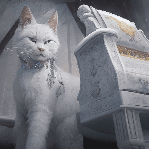 AI generated: Award winning, realistic detailed color photo of a white cat with blue ruby jewels, an exquisite fel...