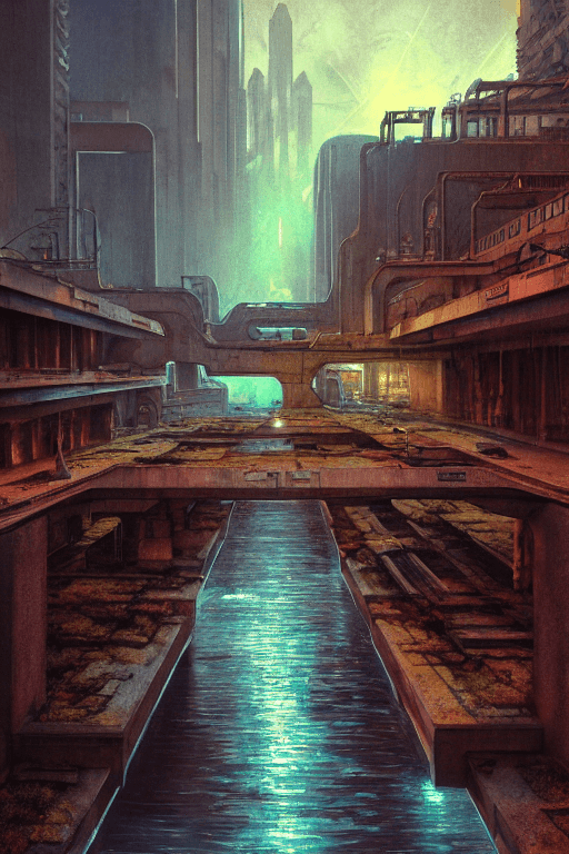 AI generated: river canal in ruined apocalyptic sci-fi city, stone plazas, stone steps, temples, sci-fi military s...