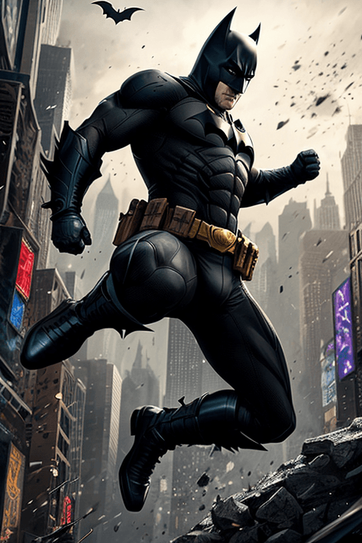 AI generated: a dynamic action scene featuring Batman in mid-fight, capturing the agility and acrobatics of the ch...