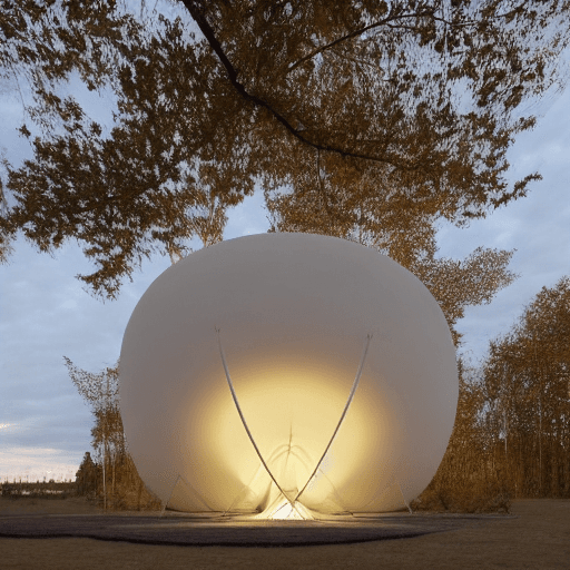AI generated: "Behold a marvel of design—an egg-shaped tent structure that emanates a soft glow. Crafted from alum...