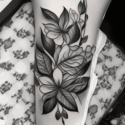 AI generated: Thigh tattoo, flowers, snakes, black and white, leaves with black fill, smooth transitions, floral p...