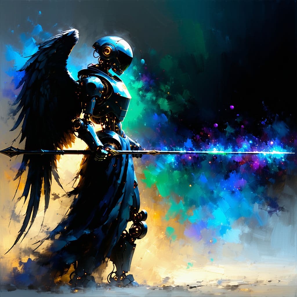 AI generated: Impressionist painting an image meant for the 9:21 aspect ratio, mechanical angel, dark atmosphere, ...