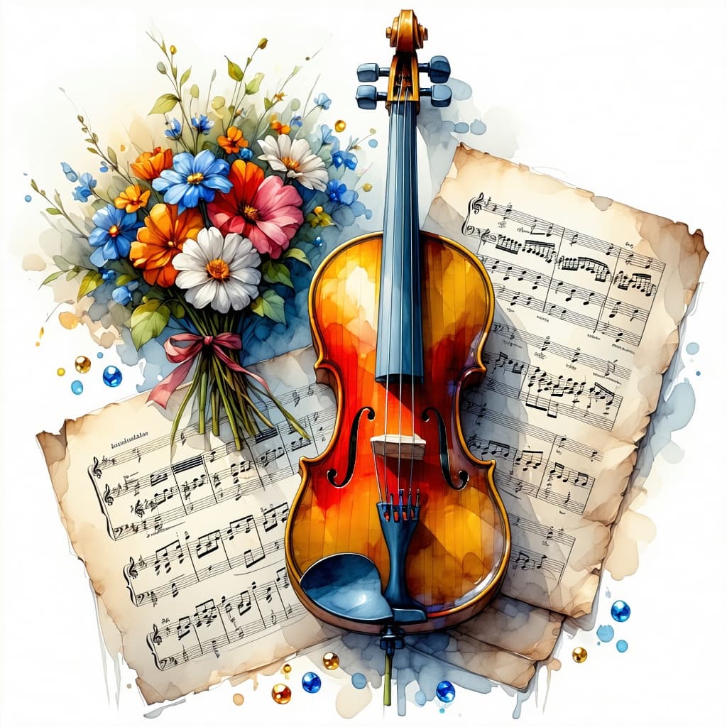AI generated: Create a photorealistic image of a hand-drawn violin with softly blurred outlines, accompanied by sh...
