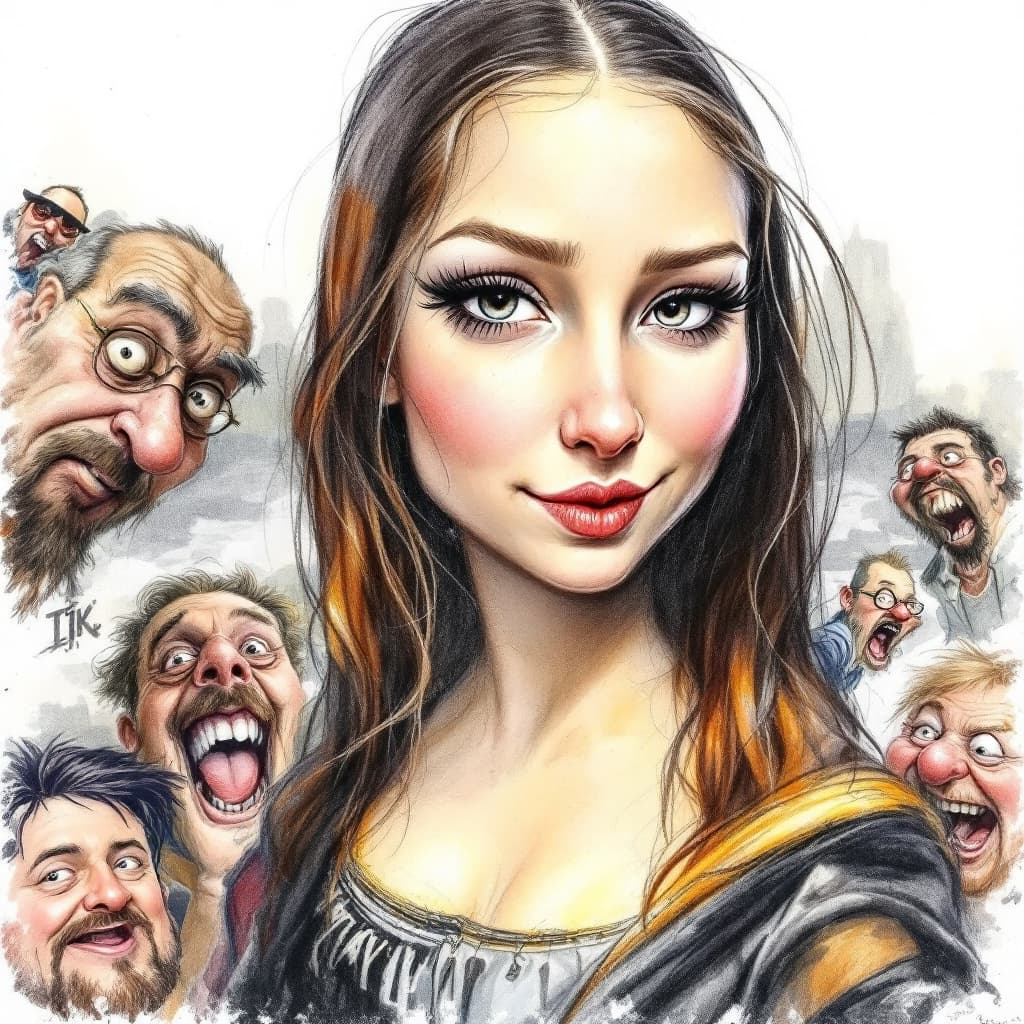 AI generated: Caricatures pencil drawing, cute Mona lisa, mid-20's, color pencils, in the style of street caricatu...