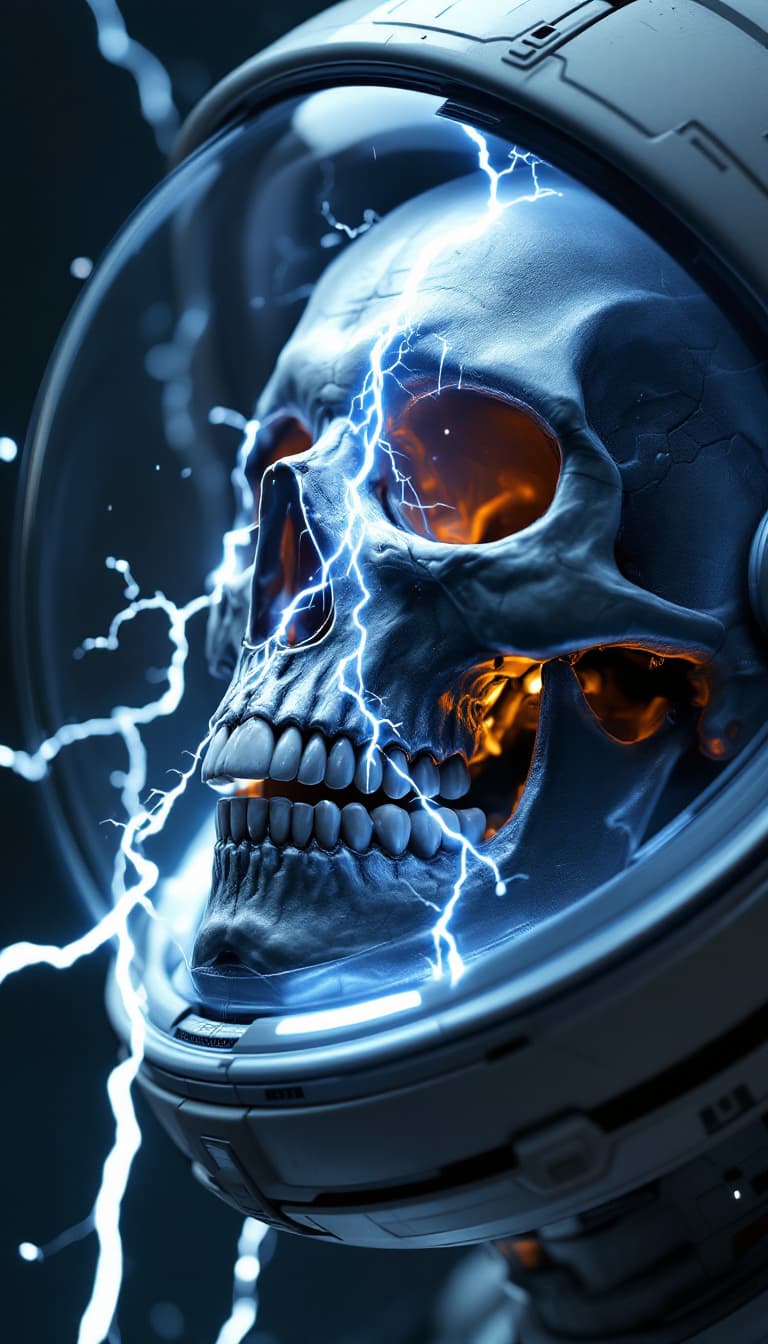 AI generated: astronaut open helmet, human skull, perfect teeth, lightning coming out of the open mouth, futuristi...