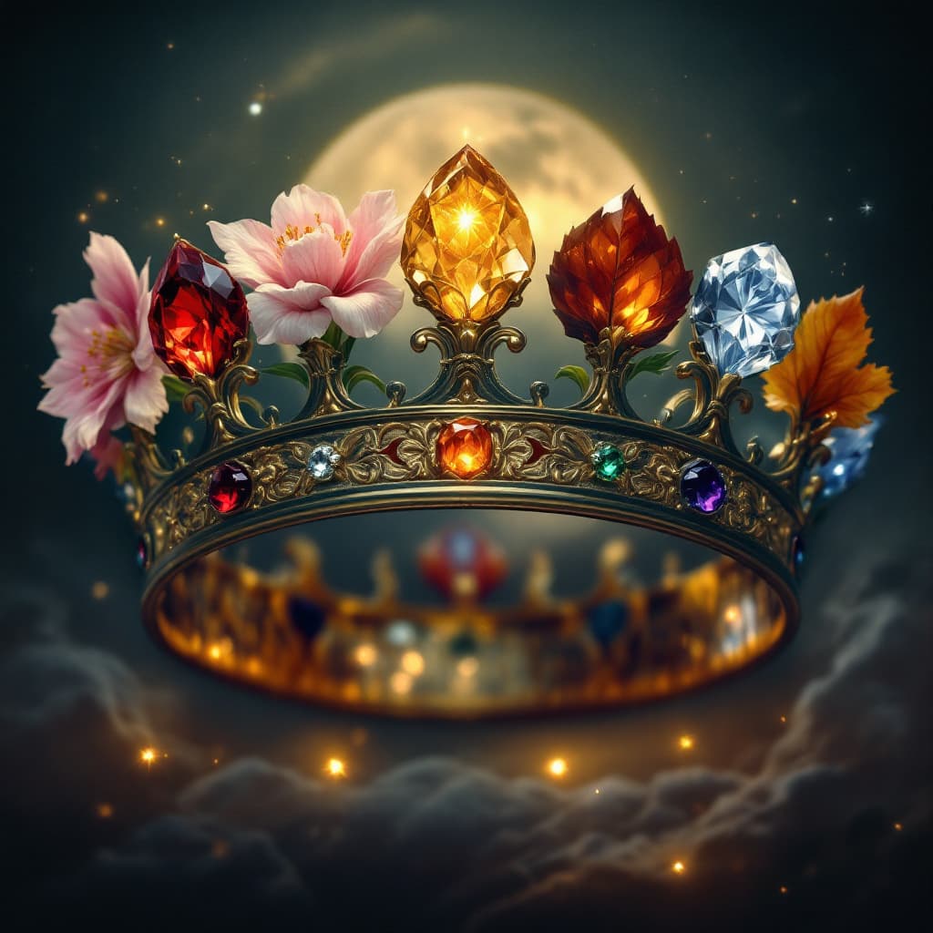 AI generated: Create a photorealistic masterpiece of a regal crown, where each jewel represents a season. The spri...