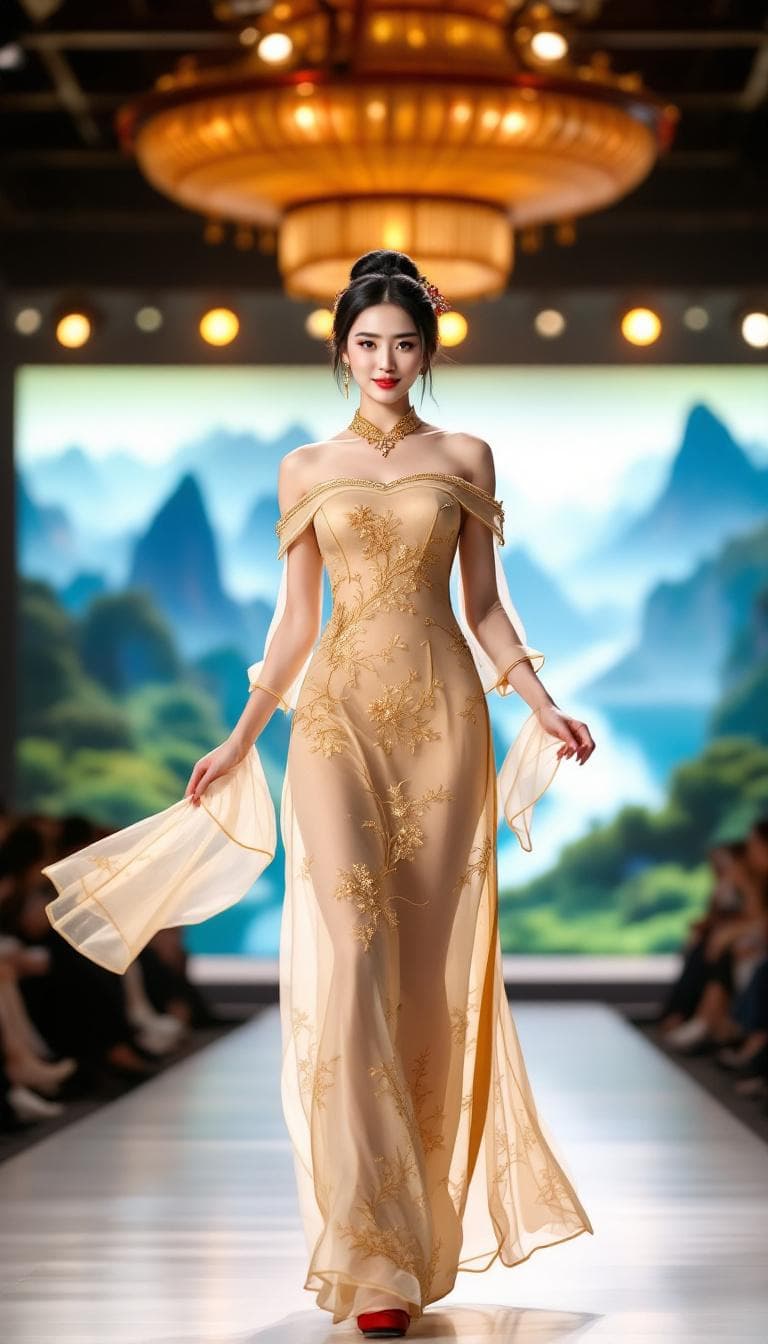 AI generated: A beautiful Chinese model, with a black bun, wearing a stunning traditional Chinese golden transluce...