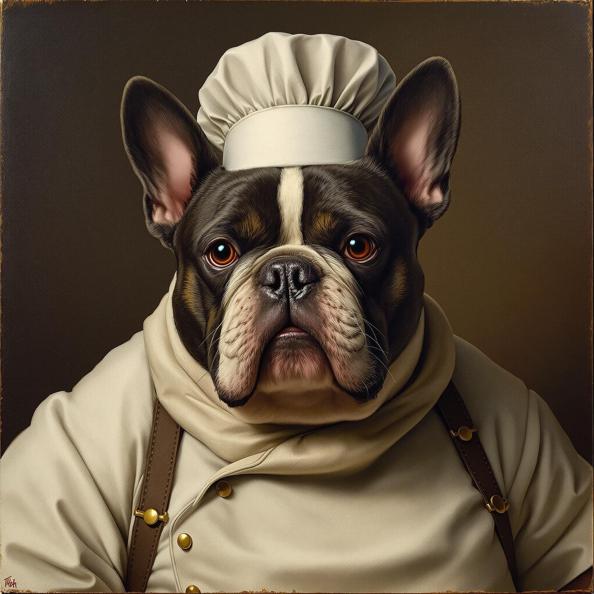 AI generated: high quality neoclassical portrait of a fat french bulldog chef, very detailed, 1 8 6 0, oil on canv...