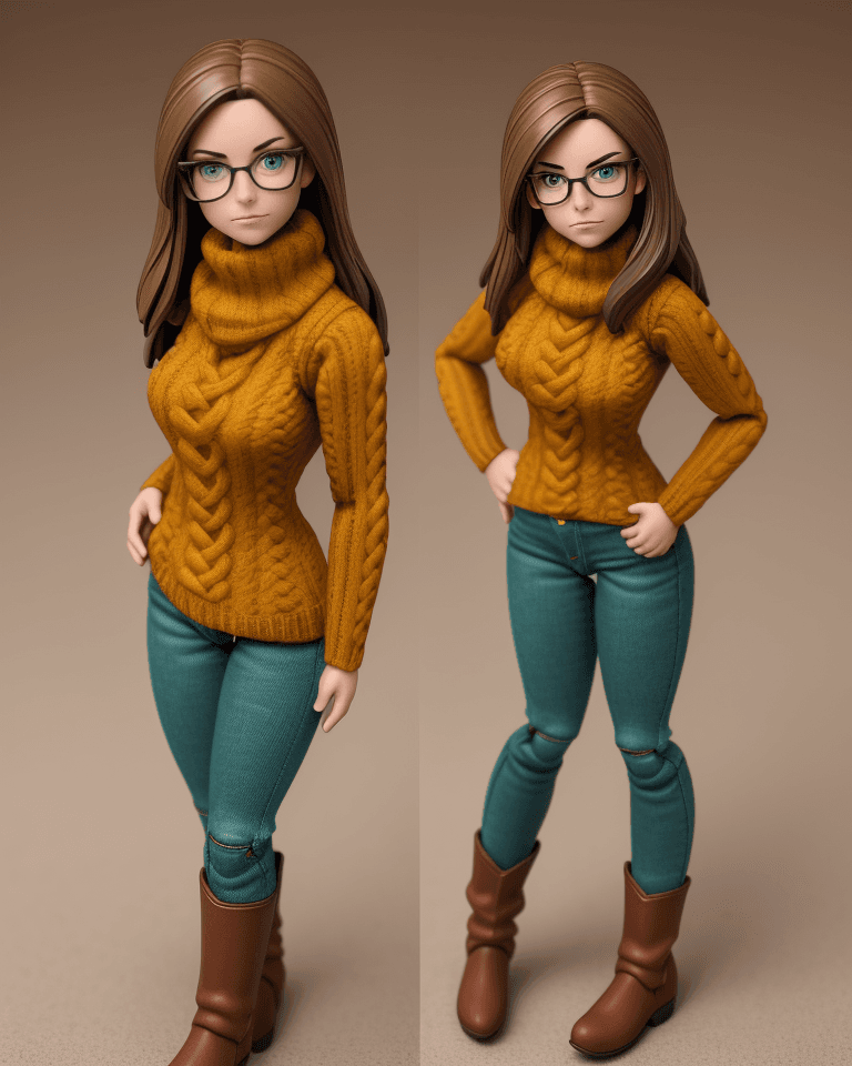 AI generated: action figure of a girl, brown hair with green highlights, brown green eyes, glasses, wearing a must...