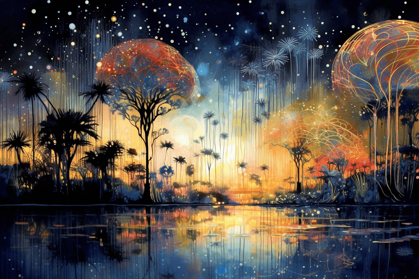 AI generated: A night painting of an abstract ethereal semi - transparent irridecent tropical paradise at night in...