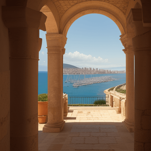 AI generated:  Realistic eye-level outdoor photo of a general view of the city of Cagliari in the Phoenician era, ...