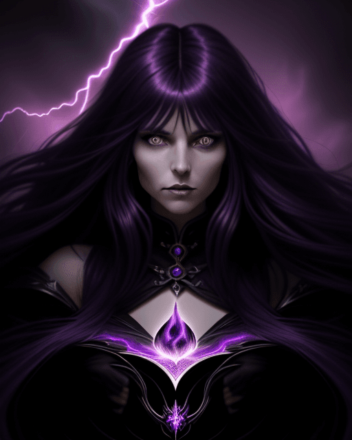 AI generated: long haired woman | fantasy art | swirly purple hair with bangs | epic fantasy card game | woman mad...