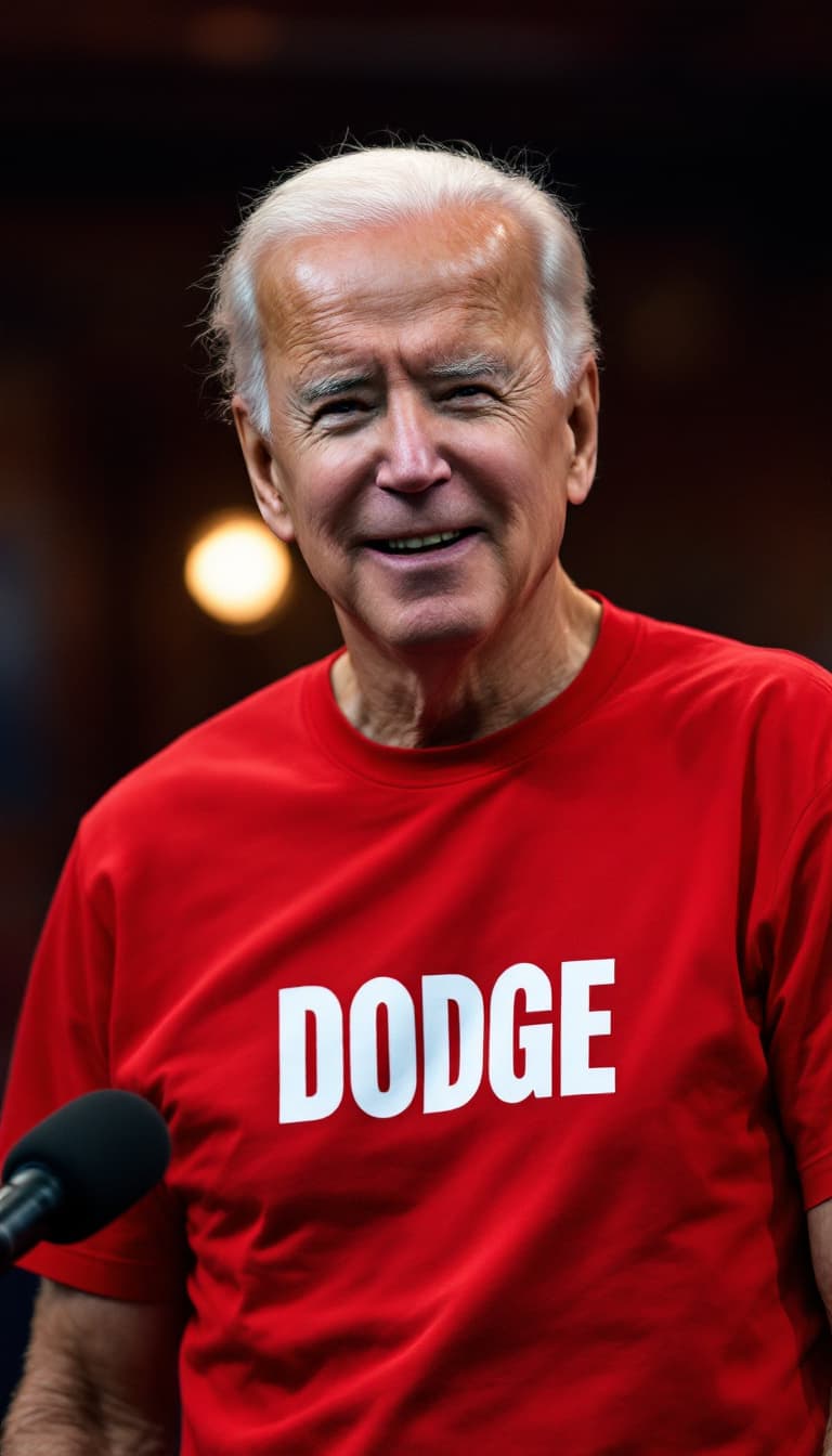 AI generated: Joe Biden wearing a Bright Red t-shirt,  the t-shirt logo reads "DOGE: I did that sh!t" in bold whit...