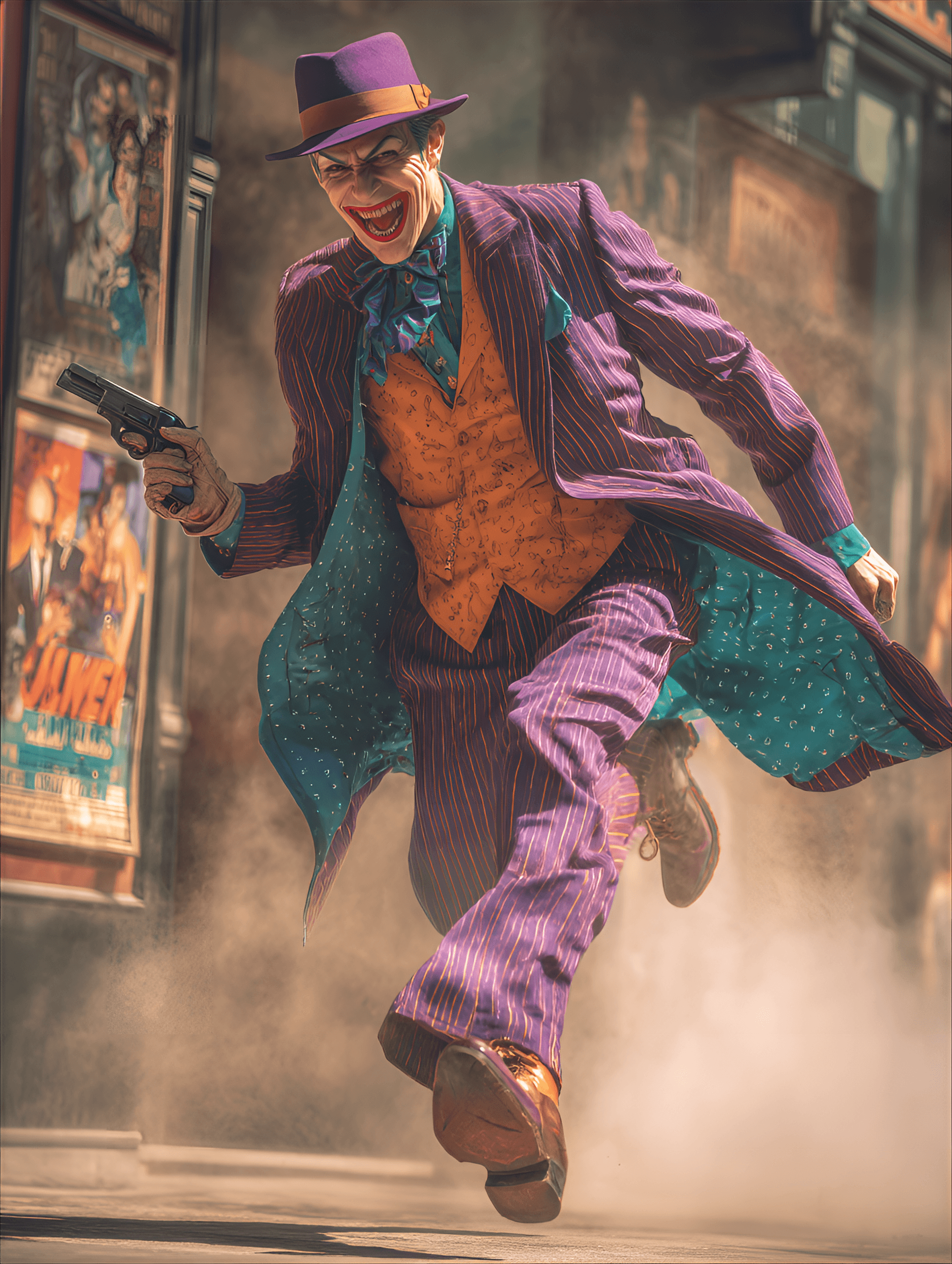 AI generated: The Joker, Caucasian male, mid-30s, wearing a classic purple pinstriped suit, orange waistcoat, and ...