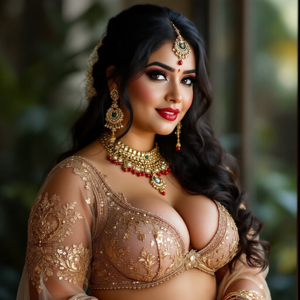 AI generated: Transparent slightly plus size Indian bride woman  without blouse and undergarments, tight full fron...