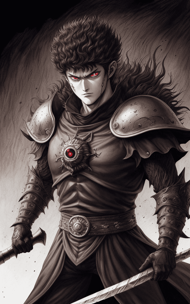AI generated: monochrome, only eyes glowing red, only eyes color, a man with big eyes, brown hair with tuft, in go...