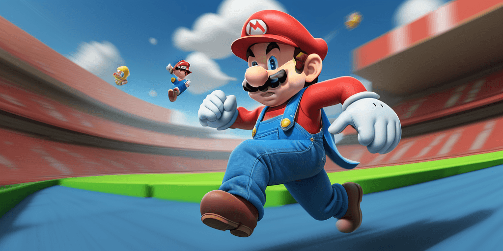 AI generated: "Craft a dynamic 4D artwork that brings Super Mario to life in an exhilarating sprint towards the vi...