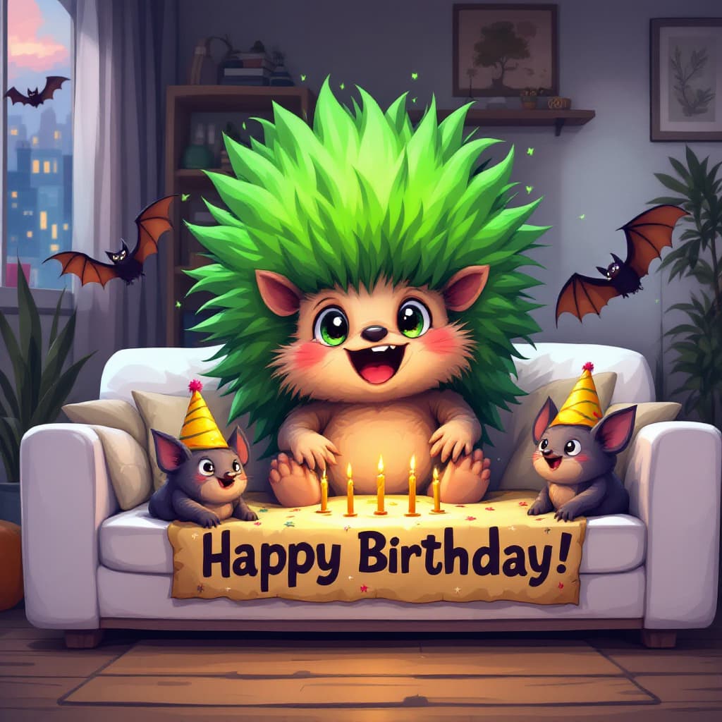 AI generated: happy artwork of a headgehog with green afro toupet, partying his birthday with two bats on a white ...