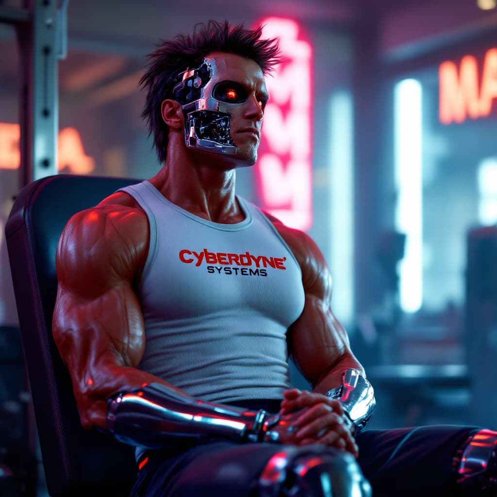 AI generated: A hyperrealistic 1980s-style cinematic scene showing the Terminator from The Terminator movie seated...