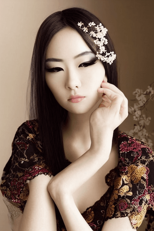 AI generated: Beautiful Japanese woman, porcelain skin, flawless and radiant, ethereal beauty, monolid eyes dark a...