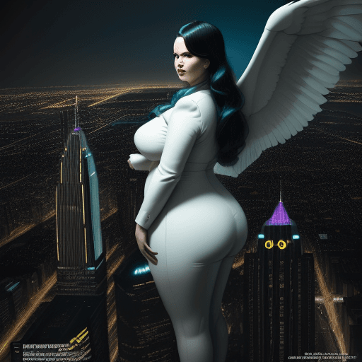 AI generated: Hyper-realistic  photo of a mid-century-modern style plump woman 
 three wings overlooking a futuris...