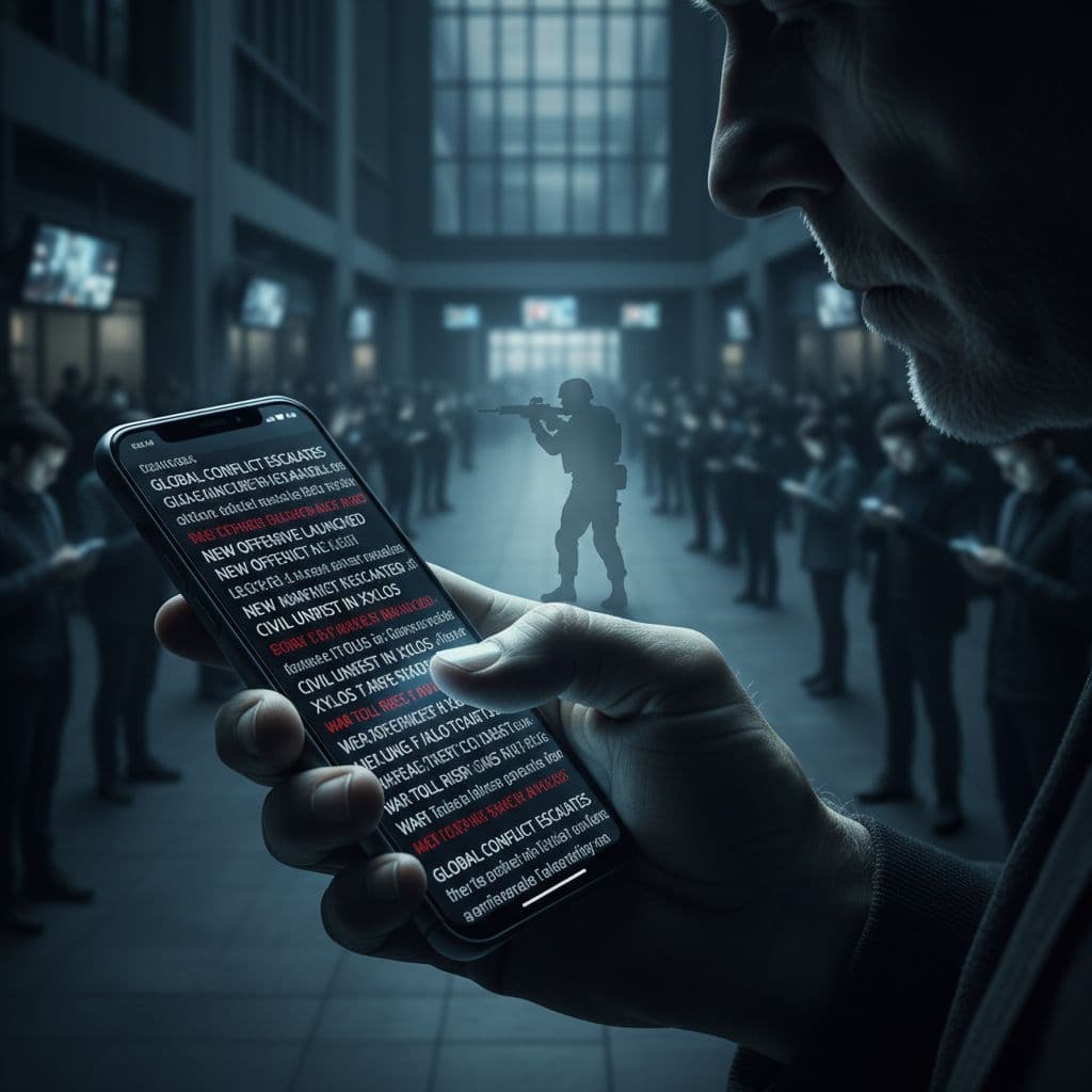 AI generated: /imagine prompt: A weathered hand holding a smartphone, displaying endless scrolling headlines of co...