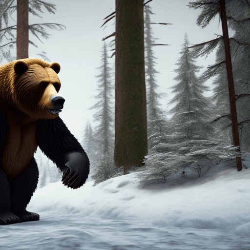 AI generated: giant kodiak bear looking face to face at a small person, winter forest atmosphere, cinematic style,...