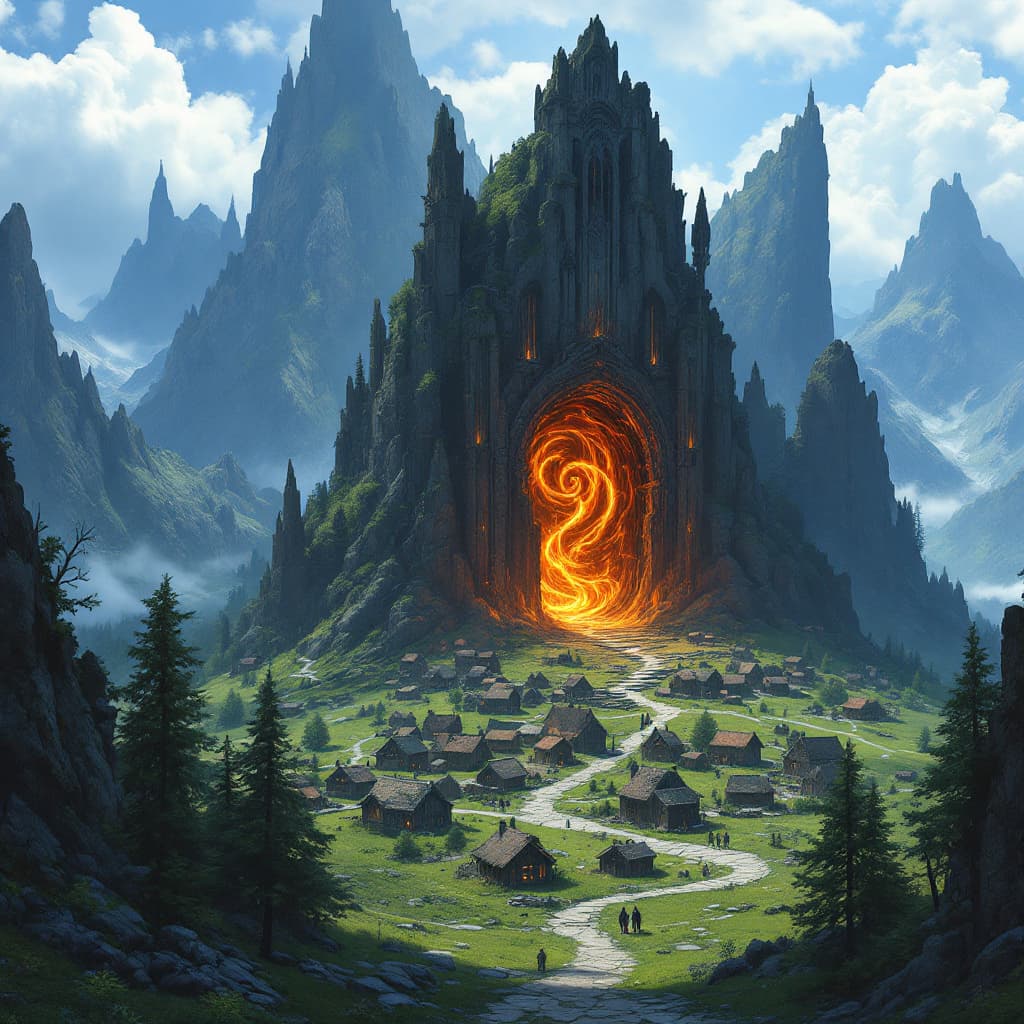 AI generated: A village nestled between towering mountains, with a mystical portal at the outskirts, resembling th...