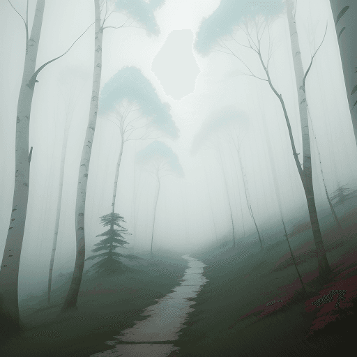 AI generated:  Birch forest in fog  
, fake detail, trending pixiv fanbox, acrylic palette knife, style of makoto ...