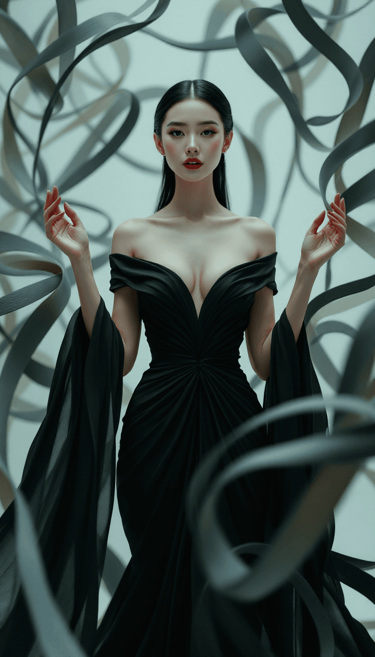 AI generated: The image features a woman standing confidently with both hands lightly touching the swirling, ribbo...