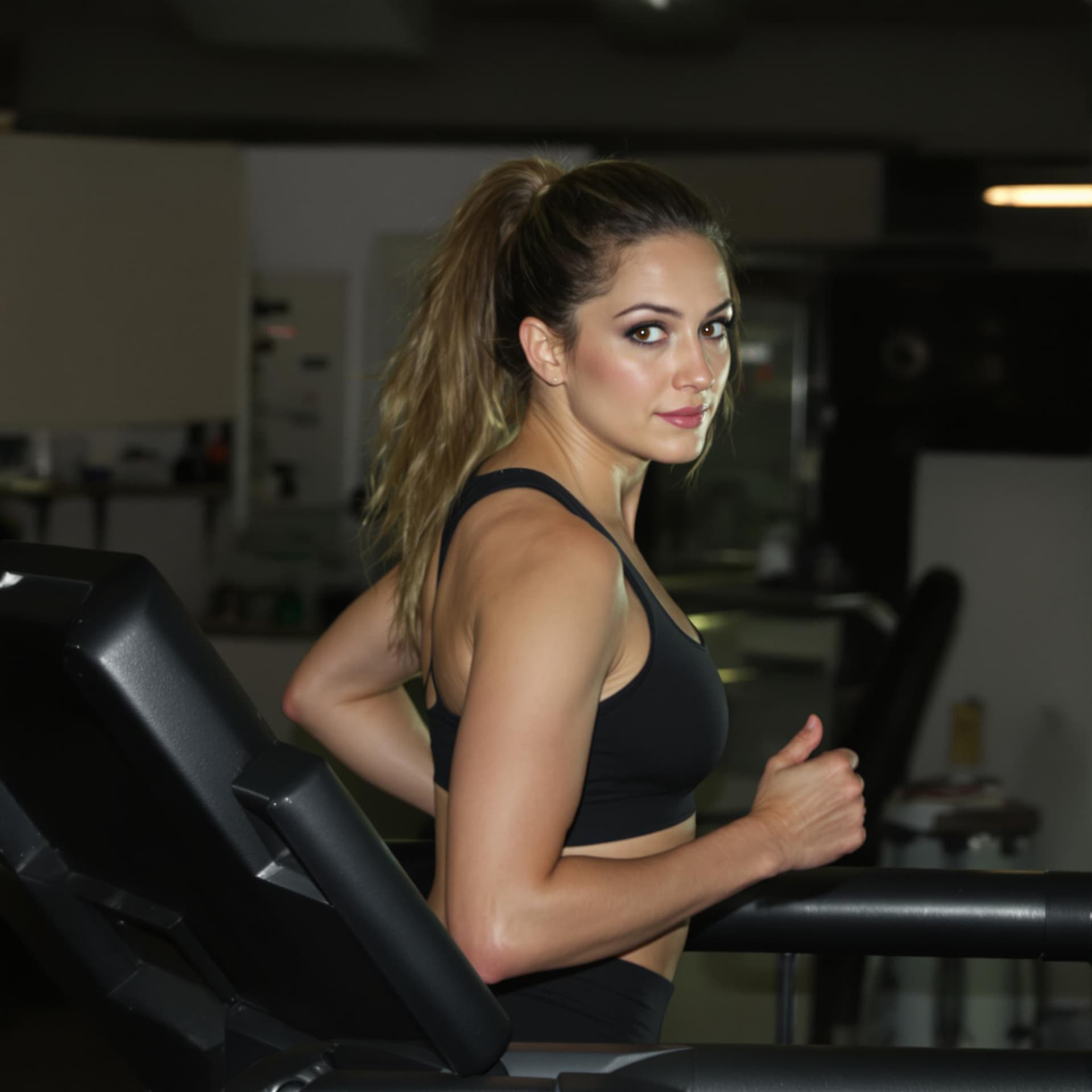AI generated: A woman is running on a treadmill. She is wearing a black sports bra and her hair is pulled back in ...