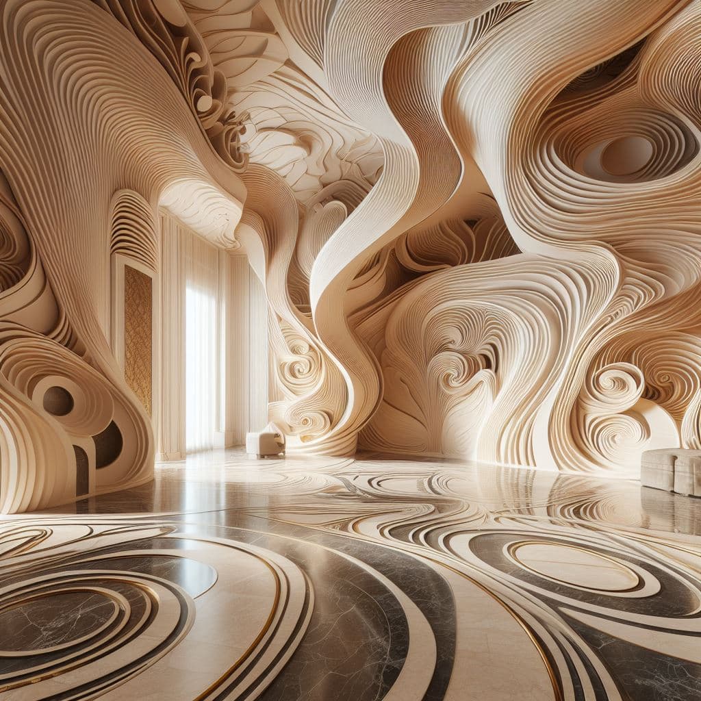 AI generated: Interior of a room with abstract curving carvings with a luxurious professional design by a famous a...