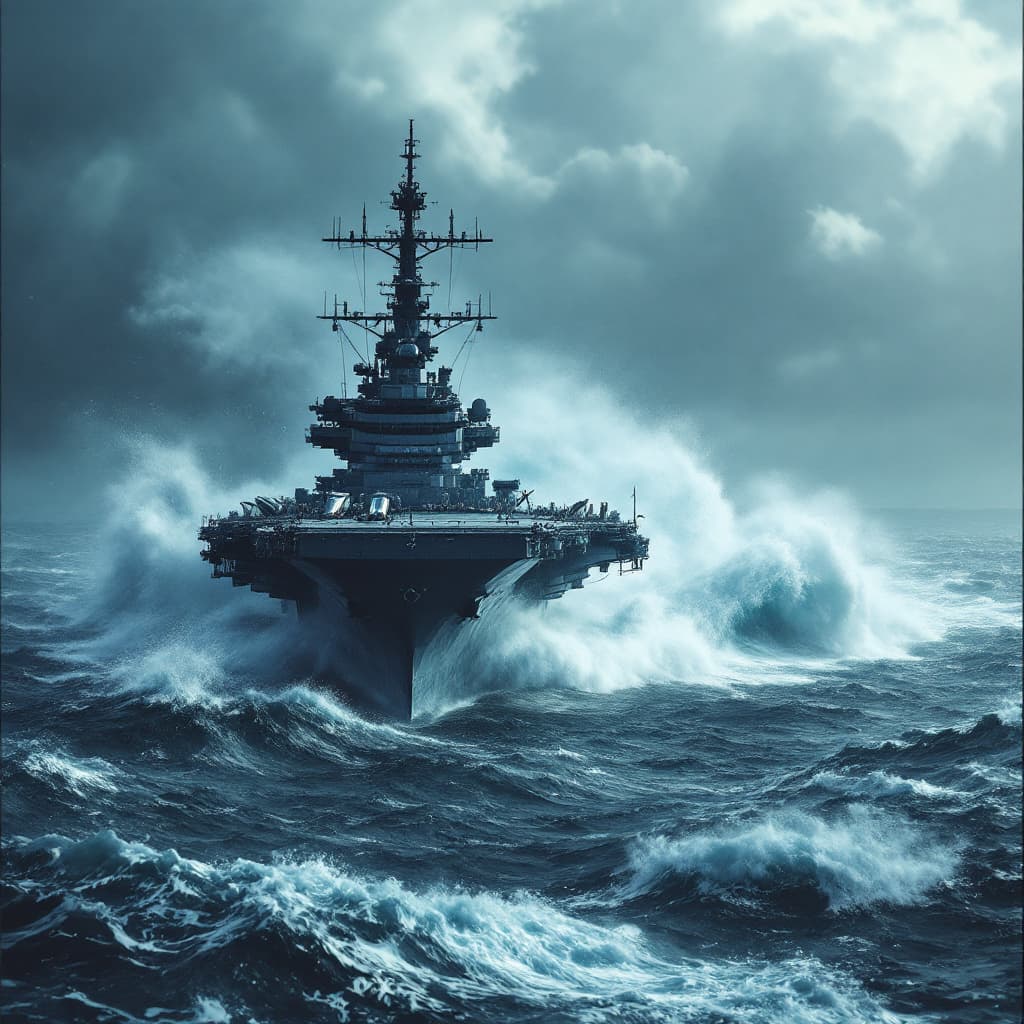 AI generated: A massive military carrier in rough seas and a massive wave twice the size of th crarrie approaches 