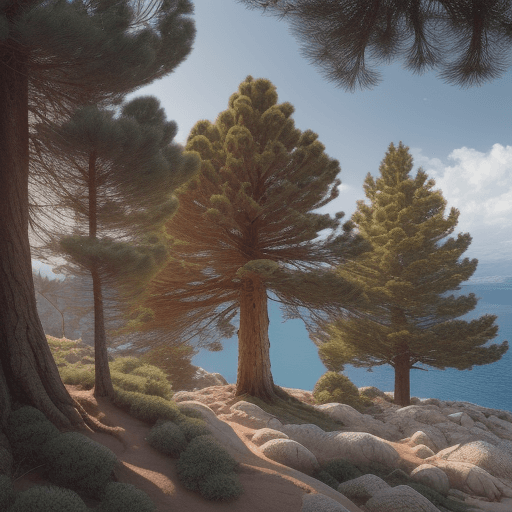 AI generated: Pinus halepensis joven rodeado de un paisaje mediterraneo ; 8k, intricate detail, photorealistic, re...