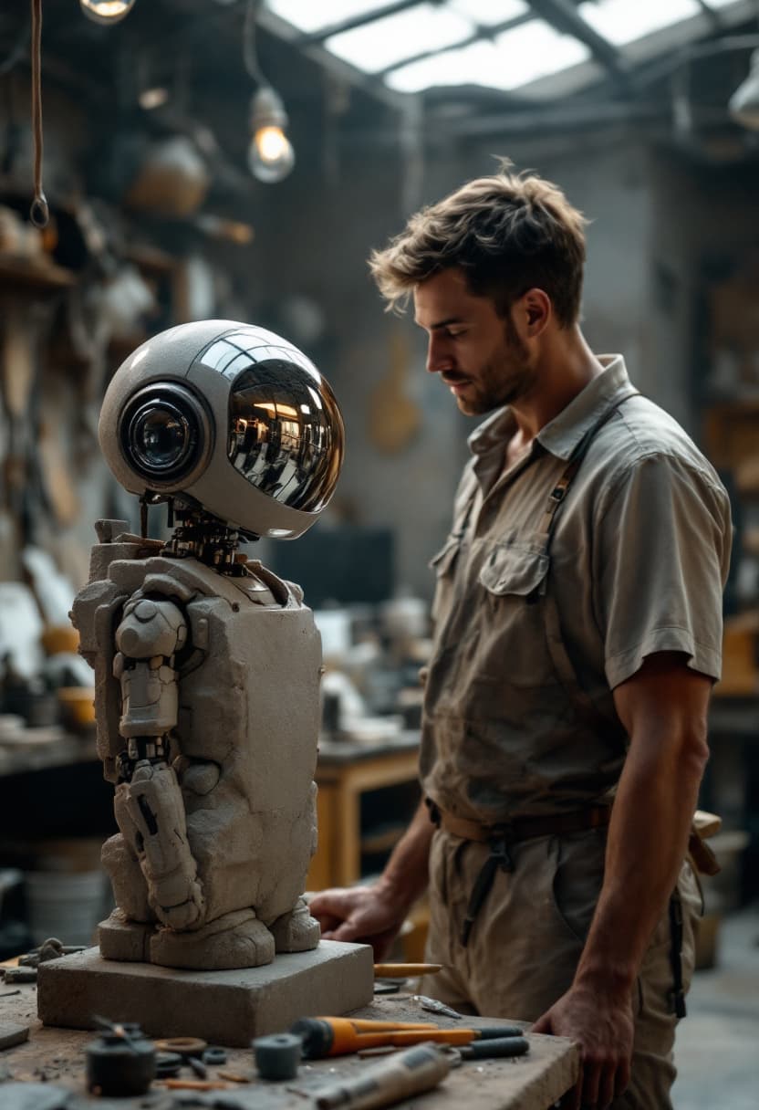 AI generated: A highly detailed cinematic shot capturing a human standing proudly, admiring a stone sculpture they...