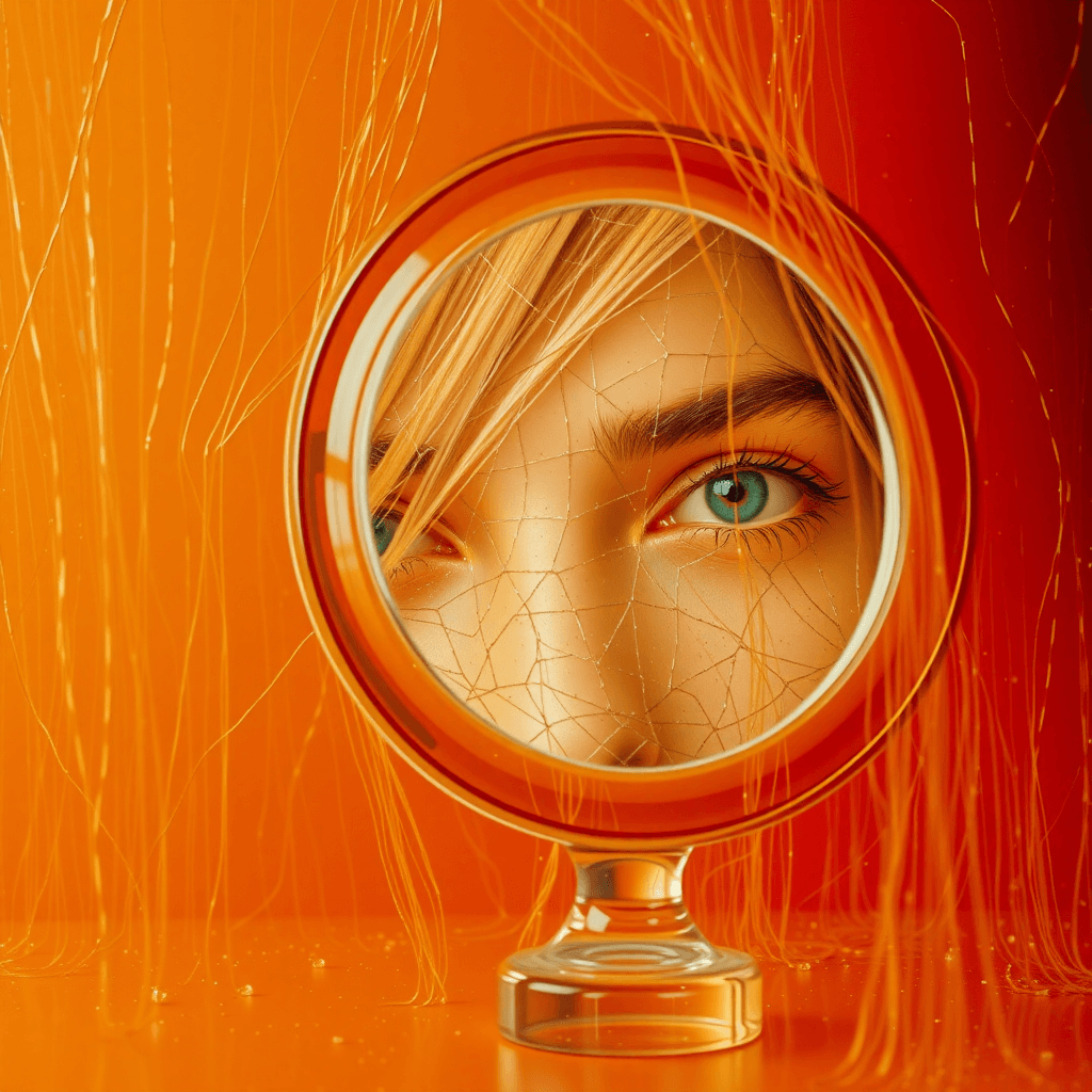 AI generated: The image is a close-up of a woman's face through a round mirror. The mirror is placed on a pedestal...
