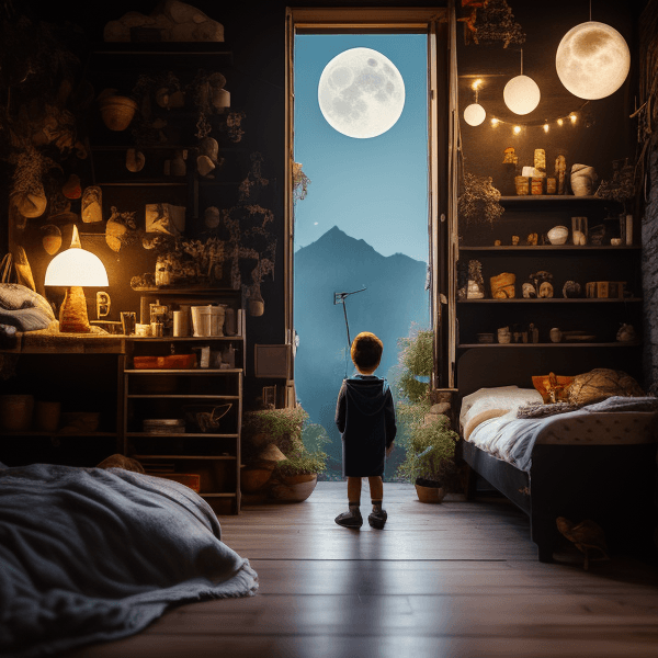 AI generated: mj, a boy talking to the moon, maximum details, cozy room