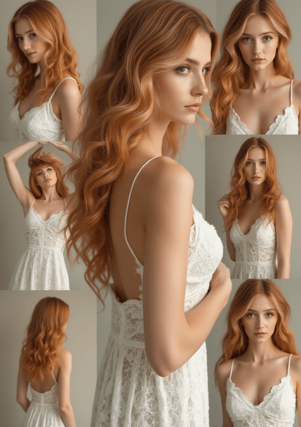 AI generated: ((Collage of photos)) of a woman with strawberry blonde loose hair wearing a white lace dress in dif...