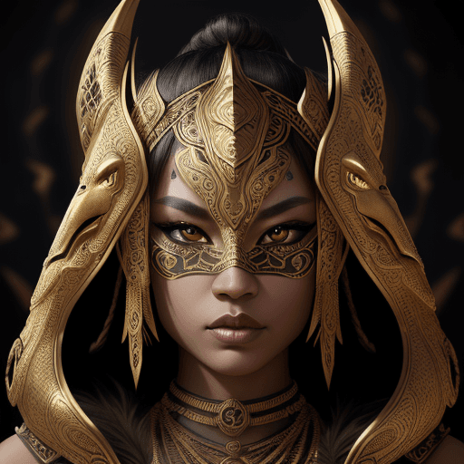 AI generated: ultra wide angle, dark epic background, gorgeous lifelike, golden design, woman tribal mask, cinemat...