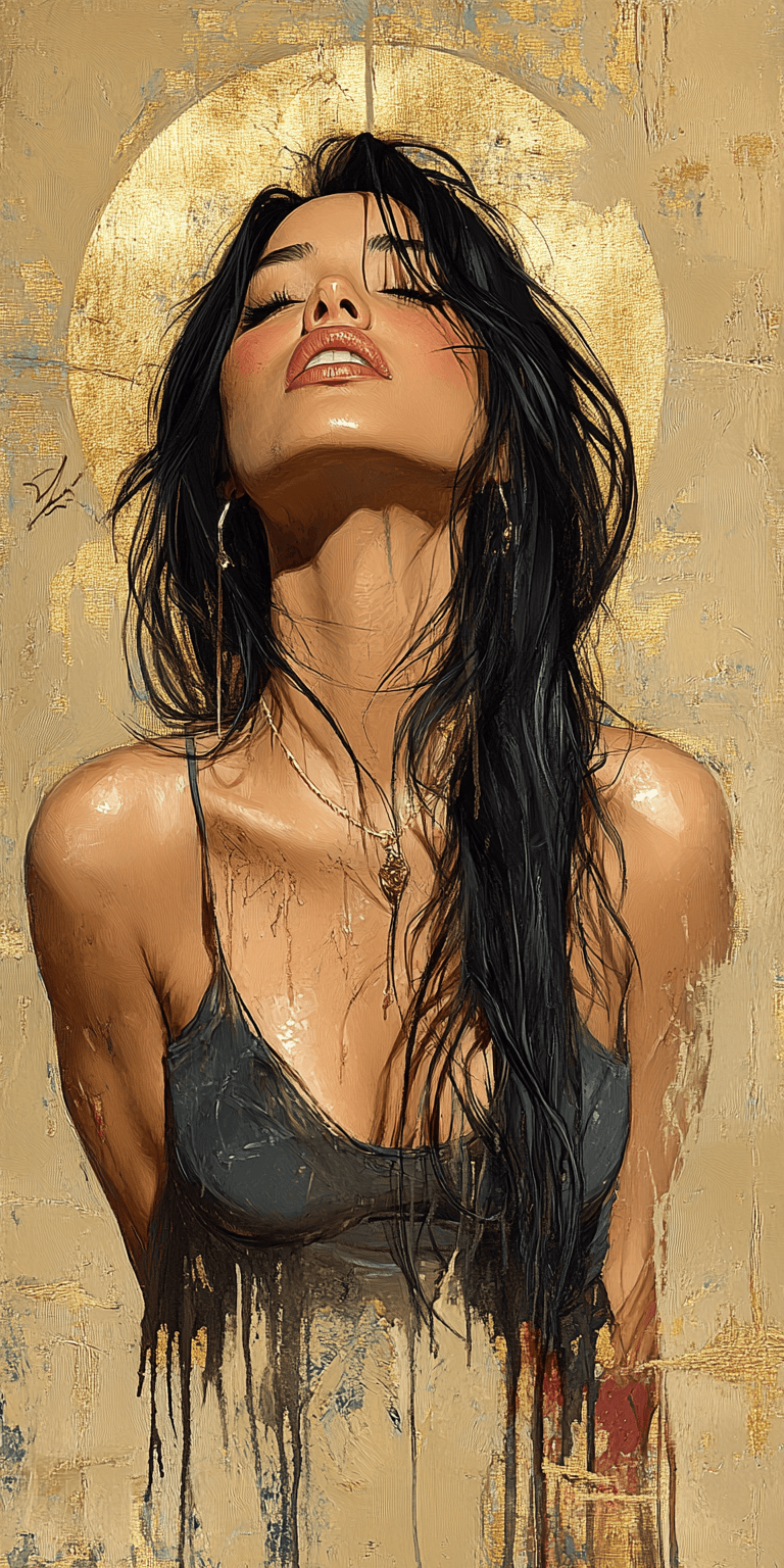 AI generated: a woman with long black hair in a gold painting, in the style of charlie bowater, dark blue and dark...