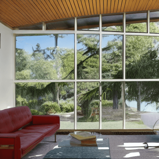 AI generated: Hyper realistic eye level exterior photo of a mid century modern style house overlooking the ocean, ...