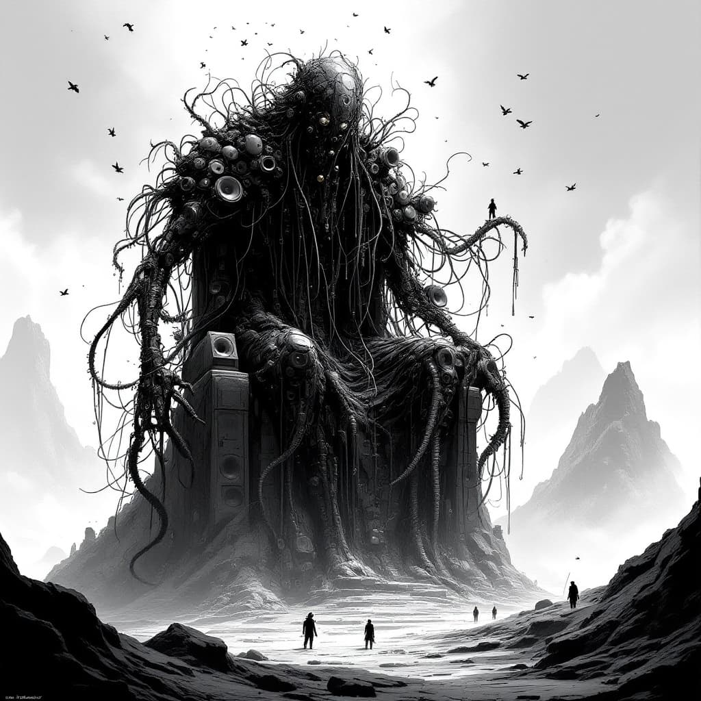 AI generated: a stark depiction of an ancient abstract robotic ooze, made up of loudspeakers and other abstract me...