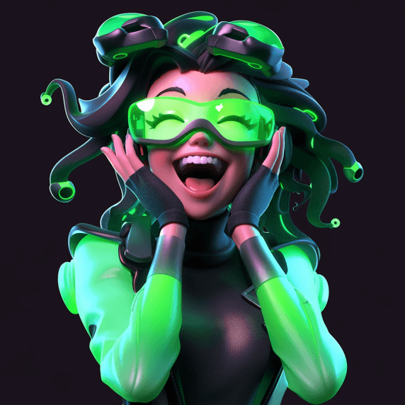 AI generated: a 3D cybergirl, laughing, her hands on her hips, glasses on eyes, high detalised face, green eyes, b...