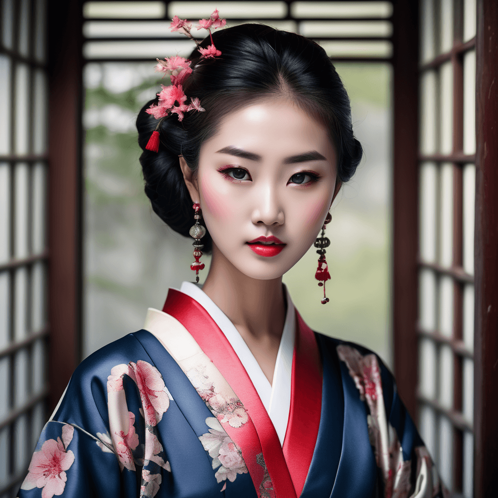 AI generated: Beautiful Asian woman, porcelain skin, flawless and radiant, ethereal beauty, monolid eyes dark and ...