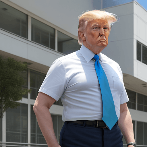 AI generated: donald trump wears short sleeve white shirt with blue tie, dark green jeans, he is standing in front...