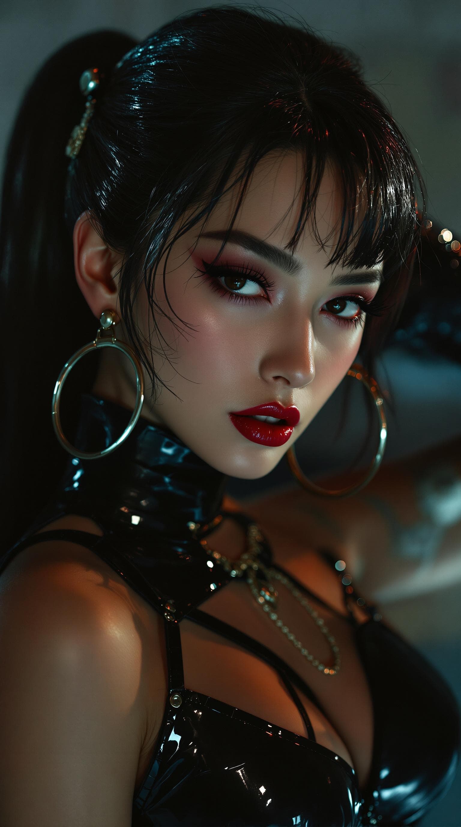 AI generated: high fashion photo, vintage latex outfit, in the style of Joong Keun Lee, intense shadows, smooth an...